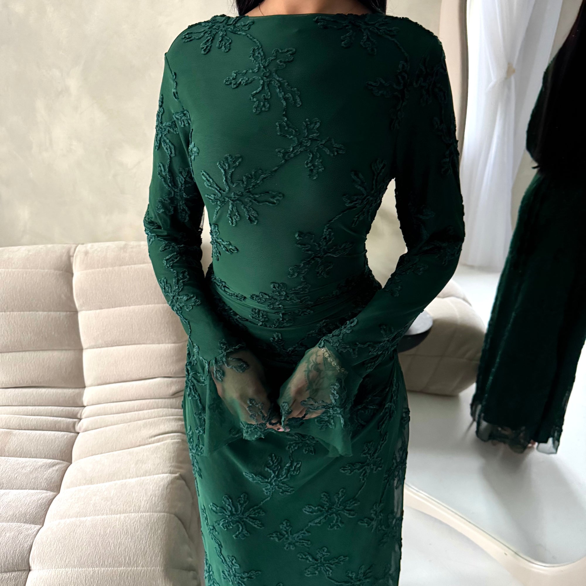 Velora Emerald Green Floral Mesh Lined Ruched Waist Modest Dress – House Of Haniya