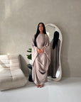 Sahra Mocha Satin Shoulder Gather Kaftan Dress