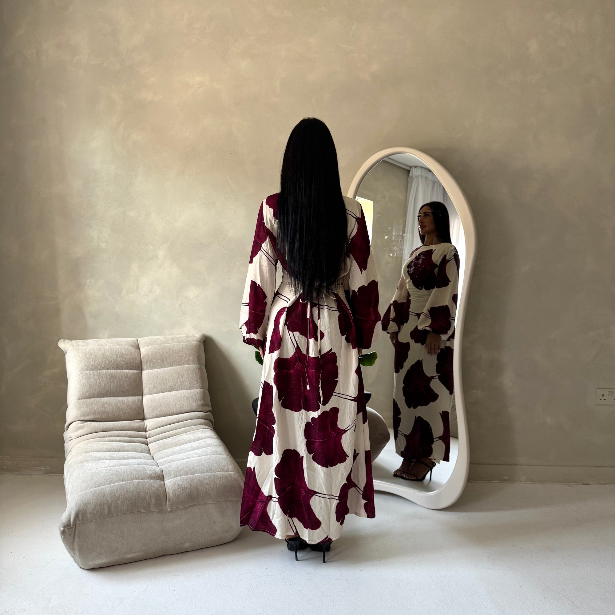 Kaleen Wine Floral Tie Back Modest Dress with Elasticated Cuff Sleeves
