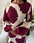 Kaleen Wine Floral Tie Back Modest Dress with Elasticated Cuff Sleeves