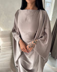 Sahra Mocha Satin Shoulder Gather Kaftan Dress