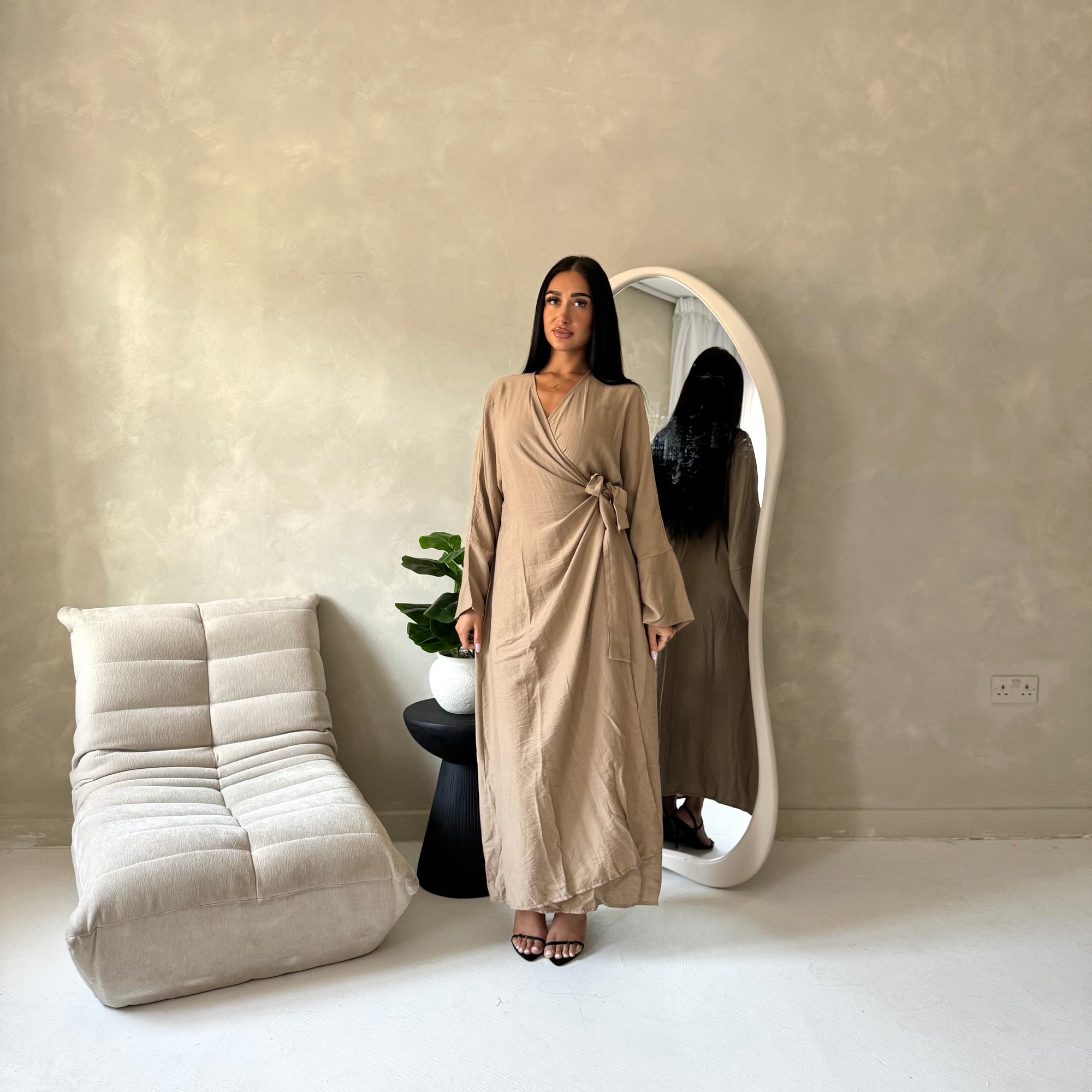 Levani Mocha Wrap Tie Modest Dress