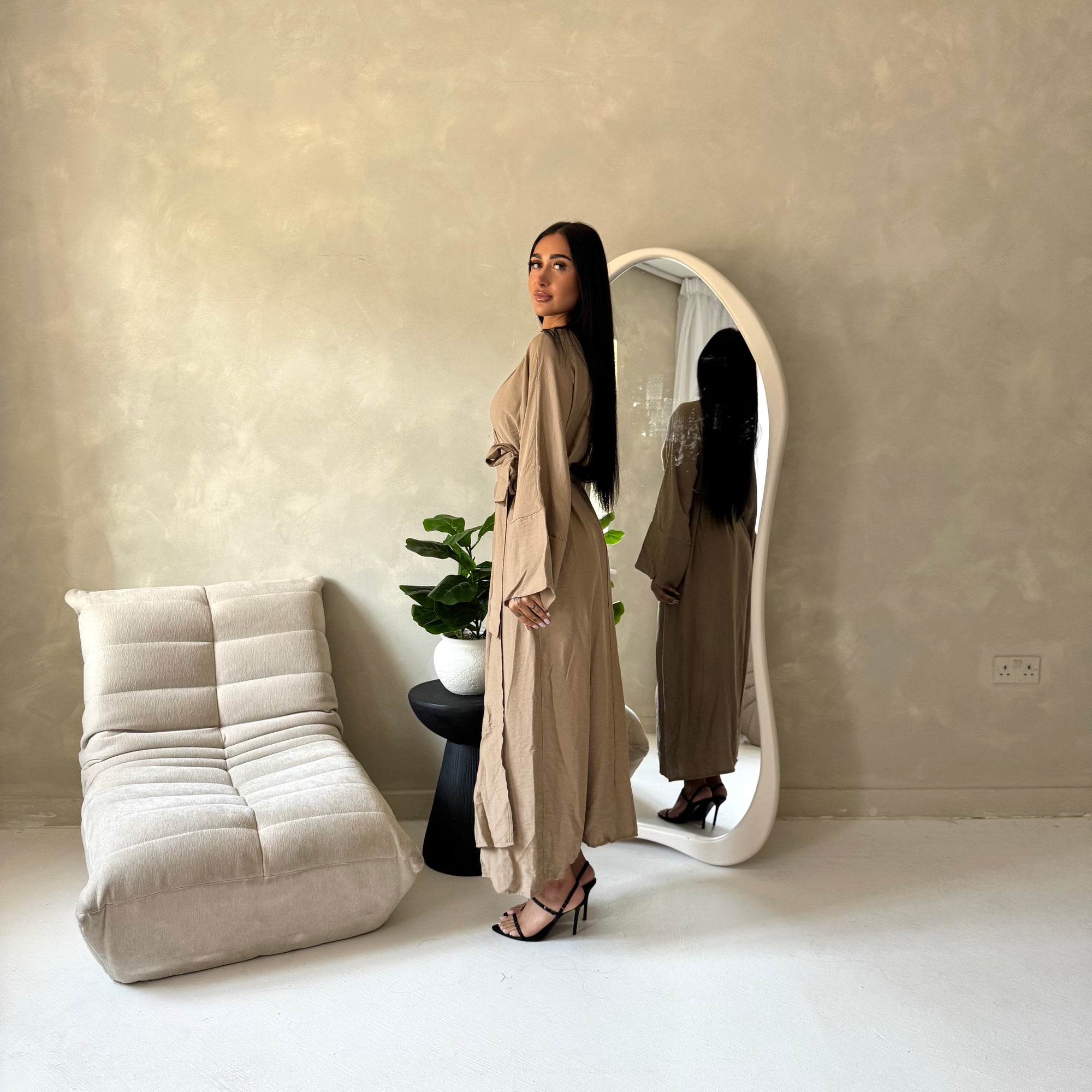 Levani Mocha Wrap Tie Modest Dress