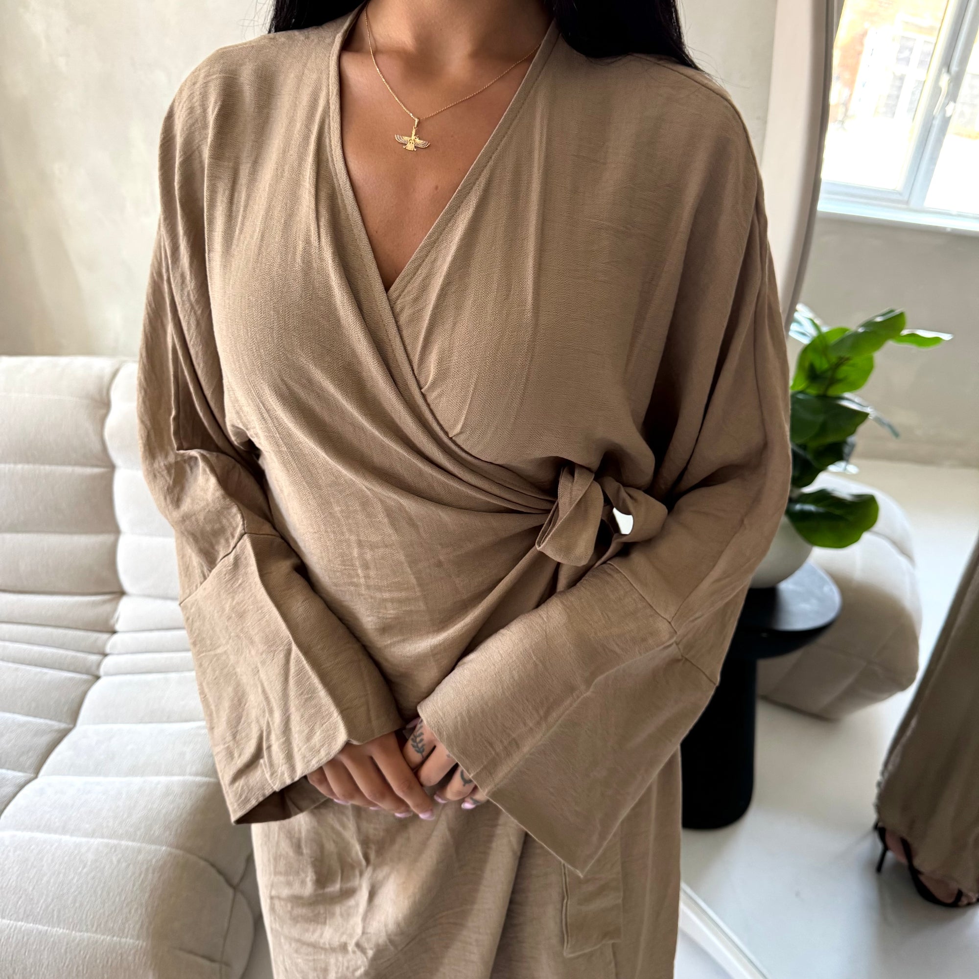 Levani Mocha Wrap Tie Modest Dress