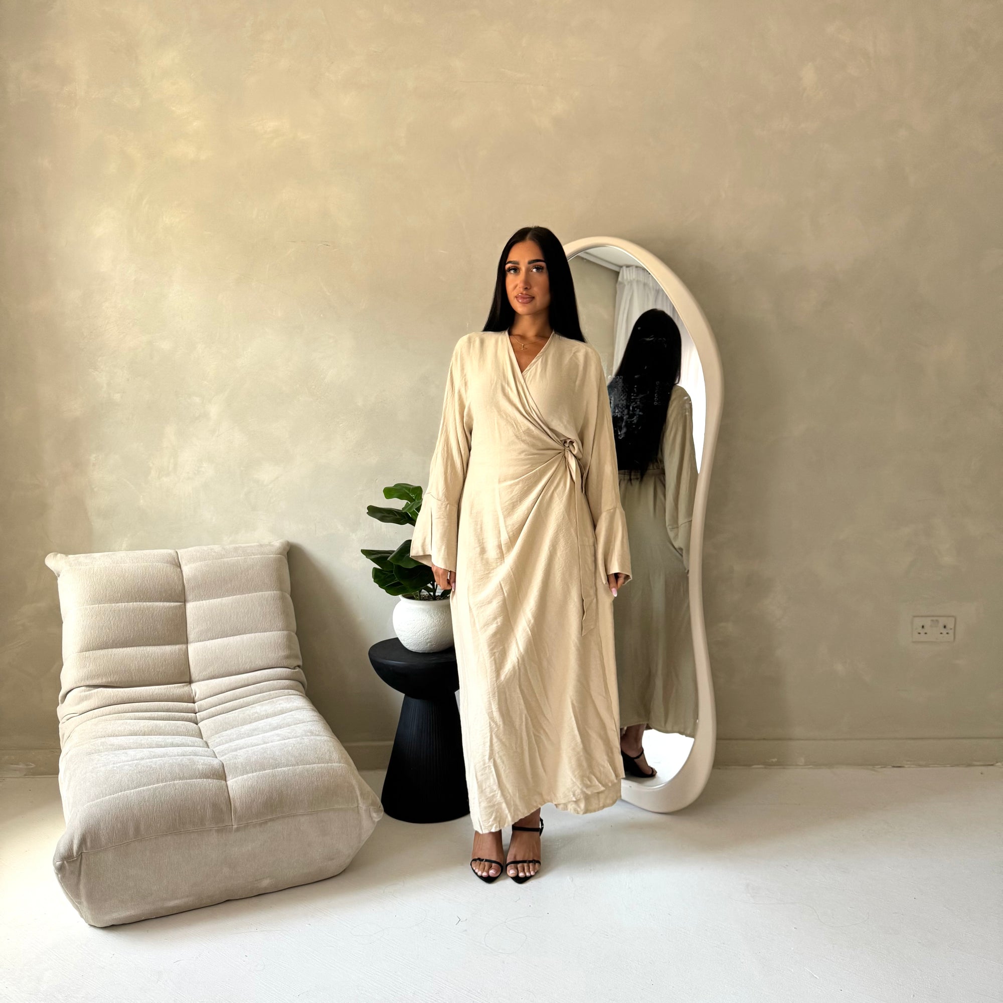 Levani Beige Wrap Tie Modest Dress