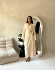 Levani Beige Wrap Tie Modest Dress