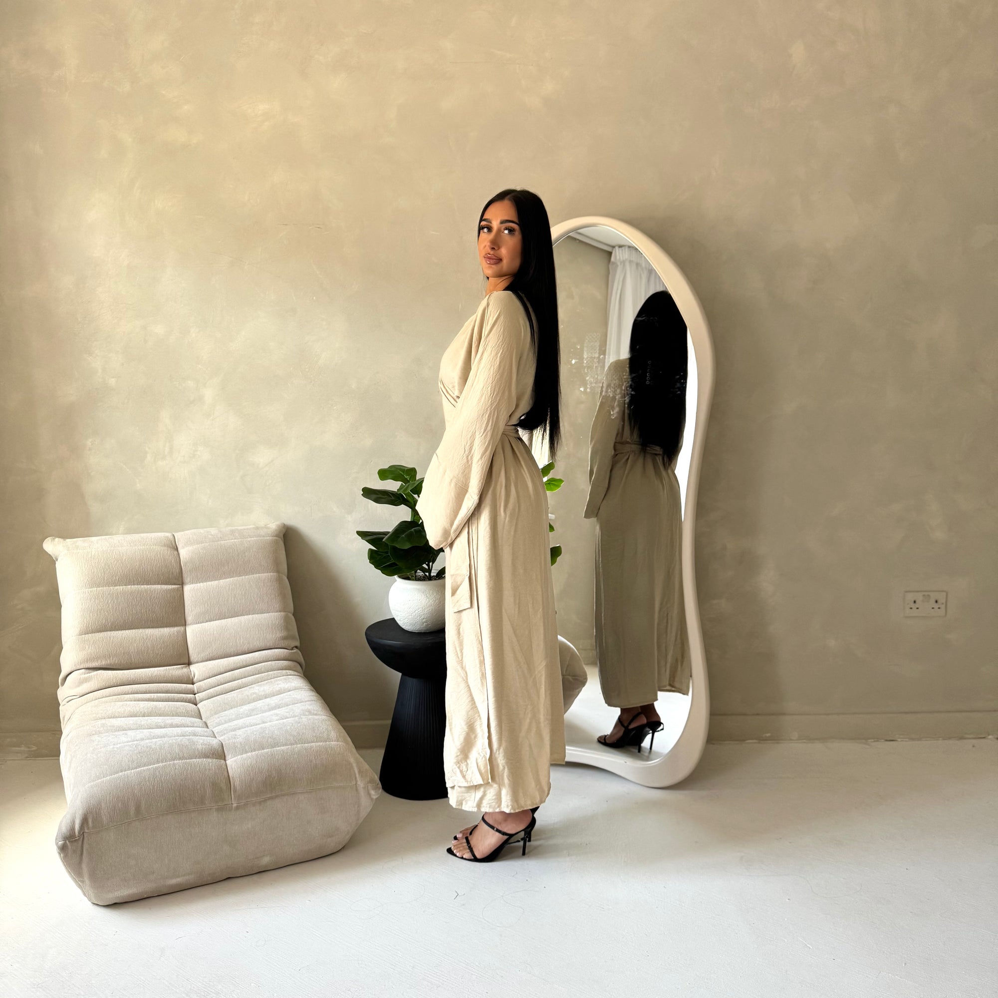 Levani Beige Wrap Tie Modest Dress