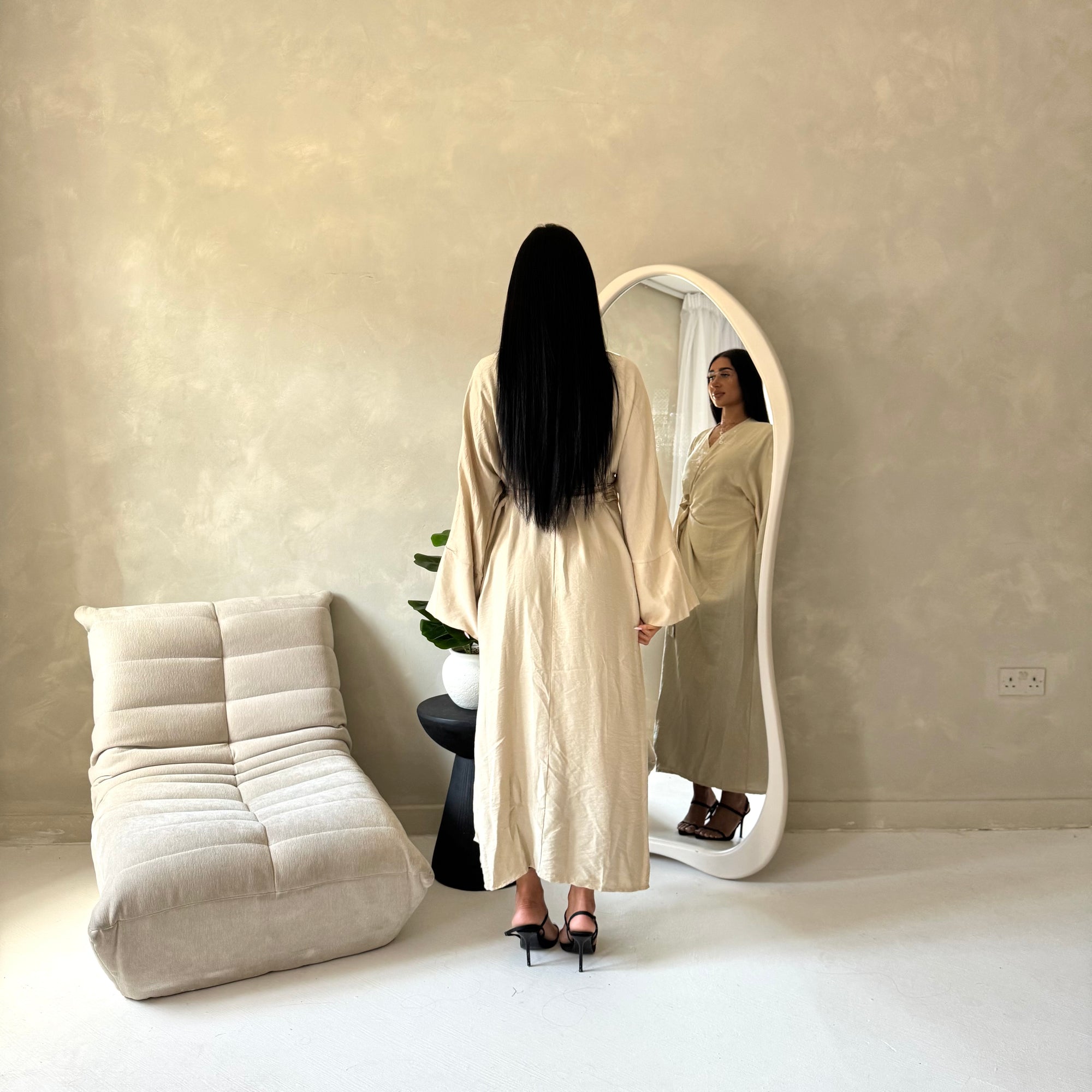 Levani Beige Wrap Tie Modest Dress