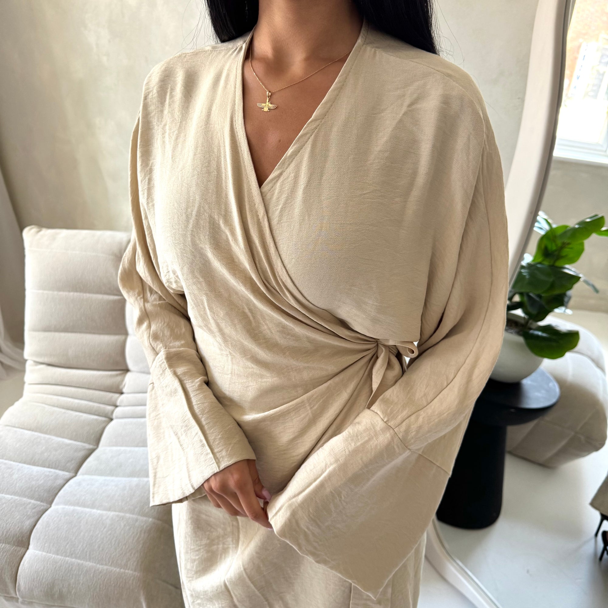Levani Beige Wrap Tie Modest Dress