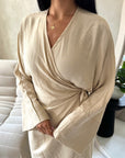 Levani Beige Wrap Tie Modest Dress