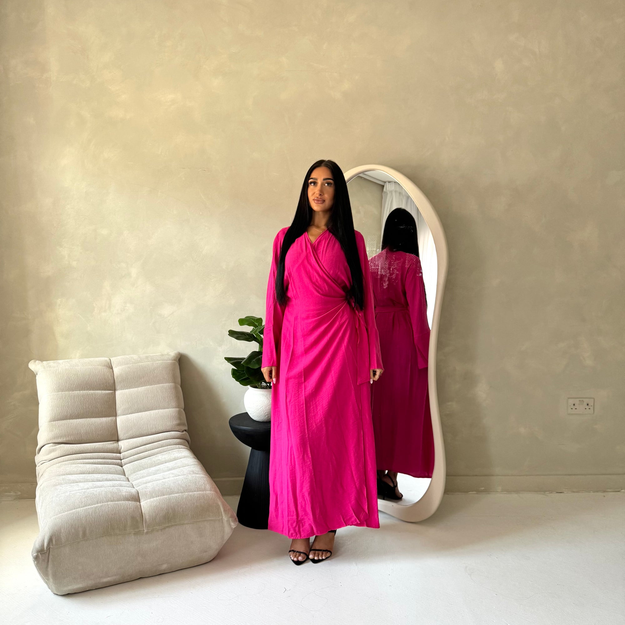 Levani Hot Pink Wrap Tie Modest Dress