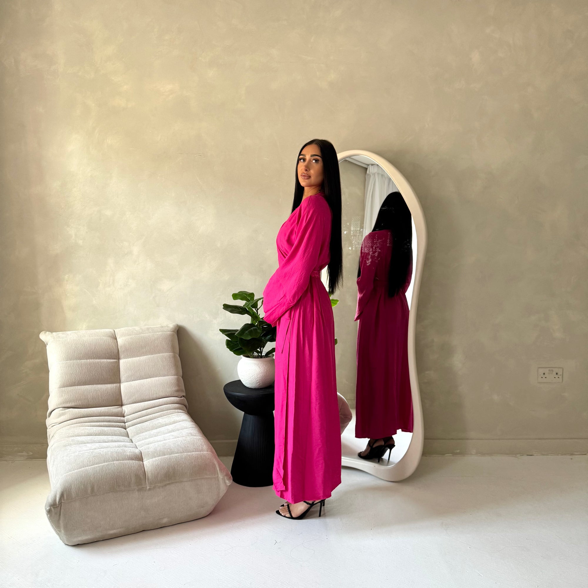 Levani Hot Pink Wrap Tie Modest Dress