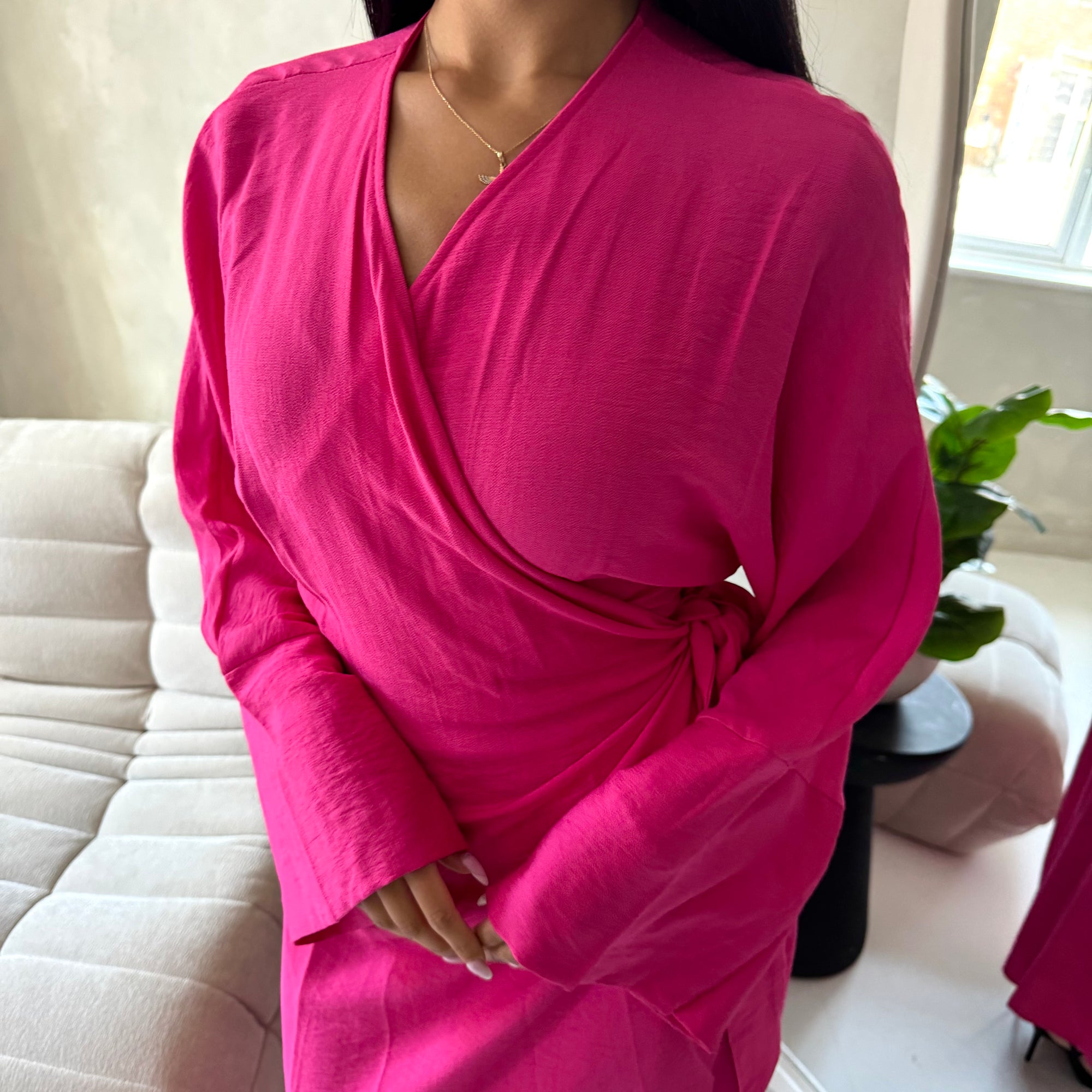 Levani Hot Pink Wrap Tie Modest Dress