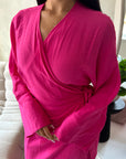 Levani Hot Pink Wrap Tie Modest Dress