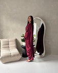 Sahra Wine Satin Shoulder Gather Kaftan Dress