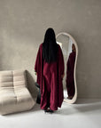 Sahra Wine Satin Shoulder Gather Kaftan Dress