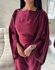 Sahra Wine Satin Shoulder Gather Kaftan Dress
