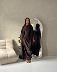 Sahra Brown Satin Shoulder Gather Kaftan Dress