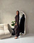 Sahra Brown Satin Shoulder Gather Kaftan Dress