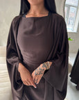 Sahra Brown Satin Shoulder Gather Kaftan Dress