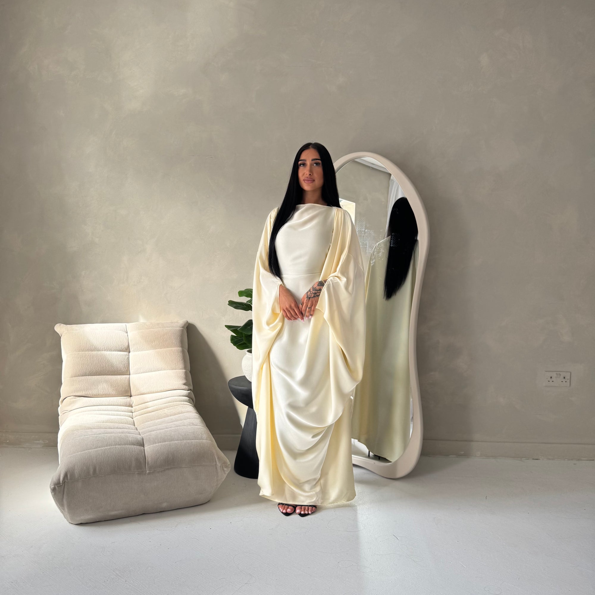 cream kaftan dress Modest Off-White Kaftan Dress with Premium Gold Embellishments 2XL / 58 / Matching Embroidered Scarf (24 X 71 Inches)