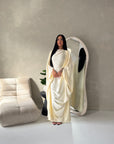 Sahra Cream Satin Shoulder Gather Kaftan Dress