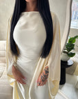 Sahra Cream Satin Shoulder Gather Kaftan Dress