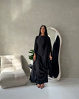 Sahra Black Satin Shoulder Gather Kaftan Dress