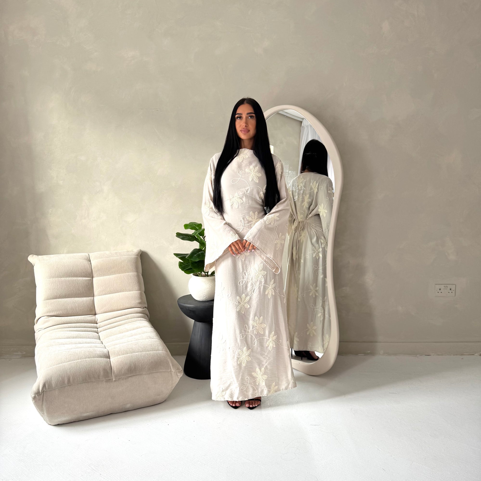Marwa Beige Floral Linen Modest Summer Dress