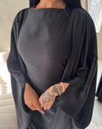 Sahra Black Satin Shoulder Gather Kaftan Dress