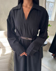 Areezo Black Pleated Belted Buckle V Neck Collar Dress