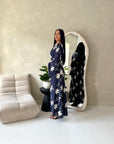 Marwa Navy Floral Embroidery Linen Summer Dress