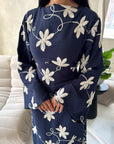 Marwa Navy Floral Embroidery Linen Summer Dress