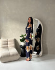 Falon Navy Linen Modest Summer Floral Dress