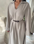 Areezo Mocha Pleated Belted Buckle V Neck Collar Dress