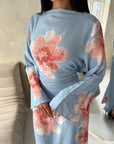 Falon Sky Blue Linen Modest Summer Floral Dress