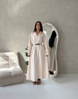 Areezo Beige Pleated Belted Buckle V Neck Collar Dress