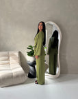 Fria Olive Plain Soft Satin Wrap Trouser Co Ord Set