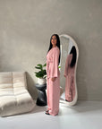 Fria Pink Plain Soft Satin Wrap Trouser Co Ord Set