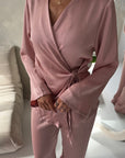 Fria Pink Plain Soft Satin Wrap Trouser Co Ord Set