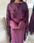 Atara Plum Floral Embroidery Cape Tie Back Dress