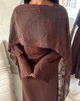 Atara Brown Floral Embroidery Cape Tie Back Dress