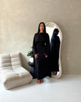 Atara Black Floral Embroidery Cape Tie Back Dress