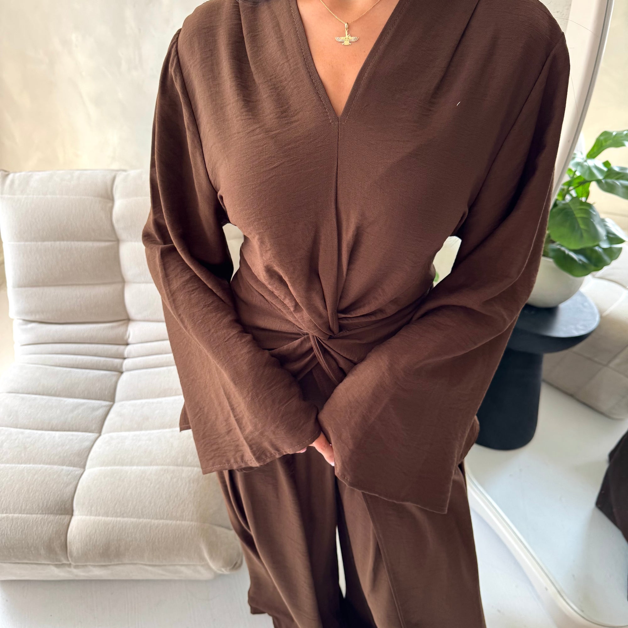 Amal Brown V Neck Front Knot Trouser Co Ord Set