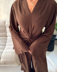 Amal Brown V Neck Front Knot Trouser Co Ord Set