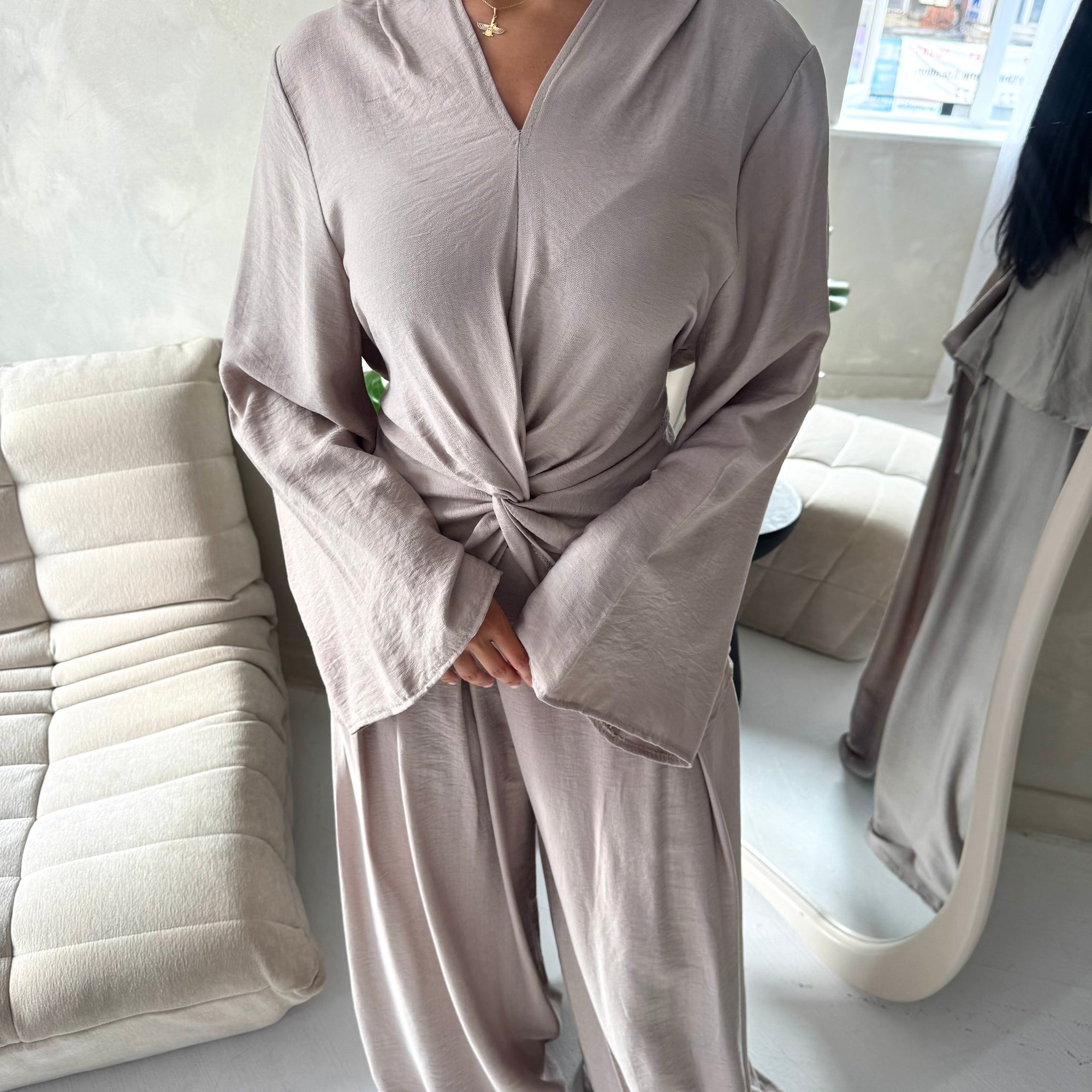 Amal Mocha V Neck Front Knot Trouser Co Ord Set