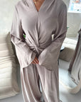 Amal Mocha V Neck Front Knot Trouser Co Ord Set