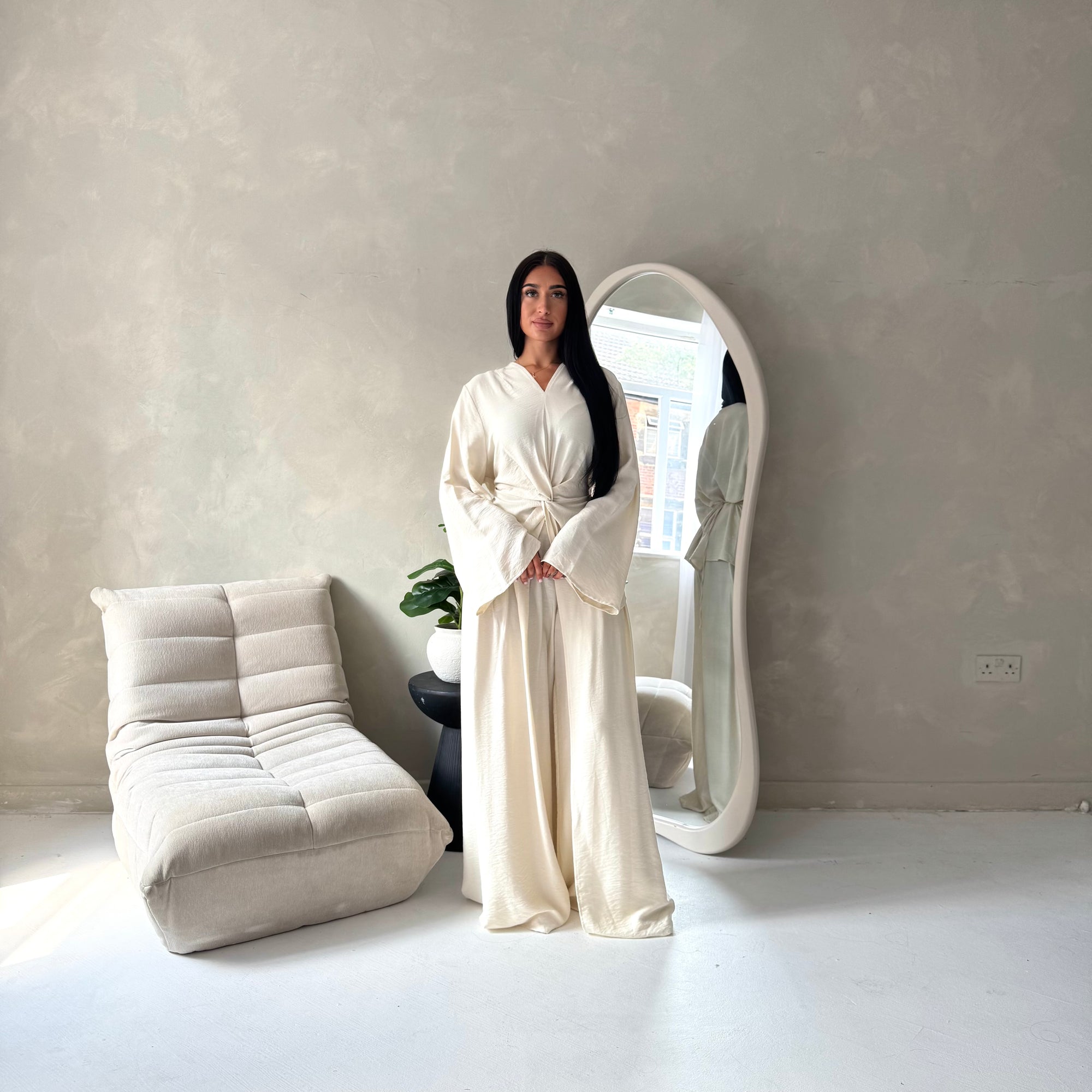 Amal Beige V Neck Front Knot Trouser Co Ord Set
