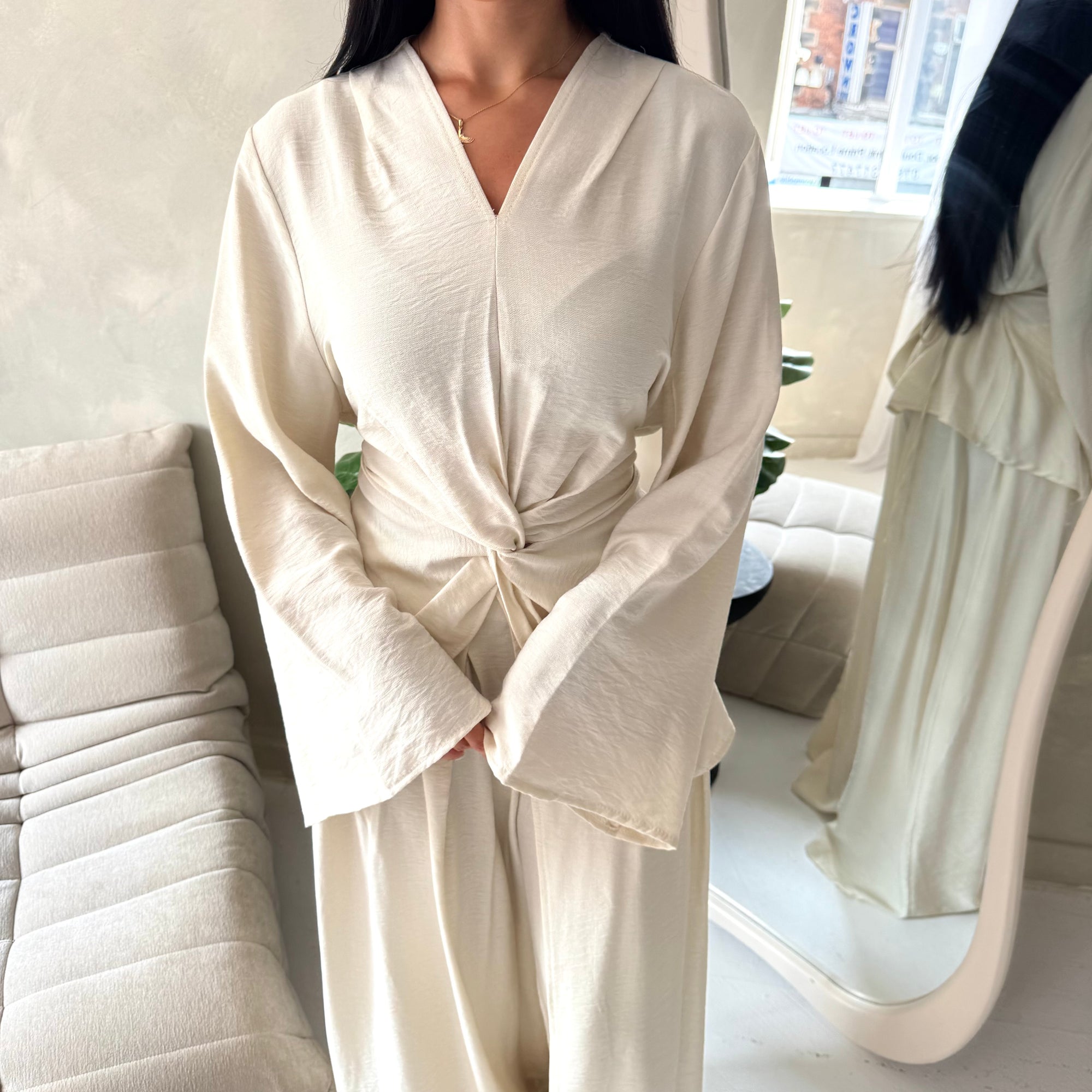 Amal Beige V Neck Front Knot Trouser Co Ord Set