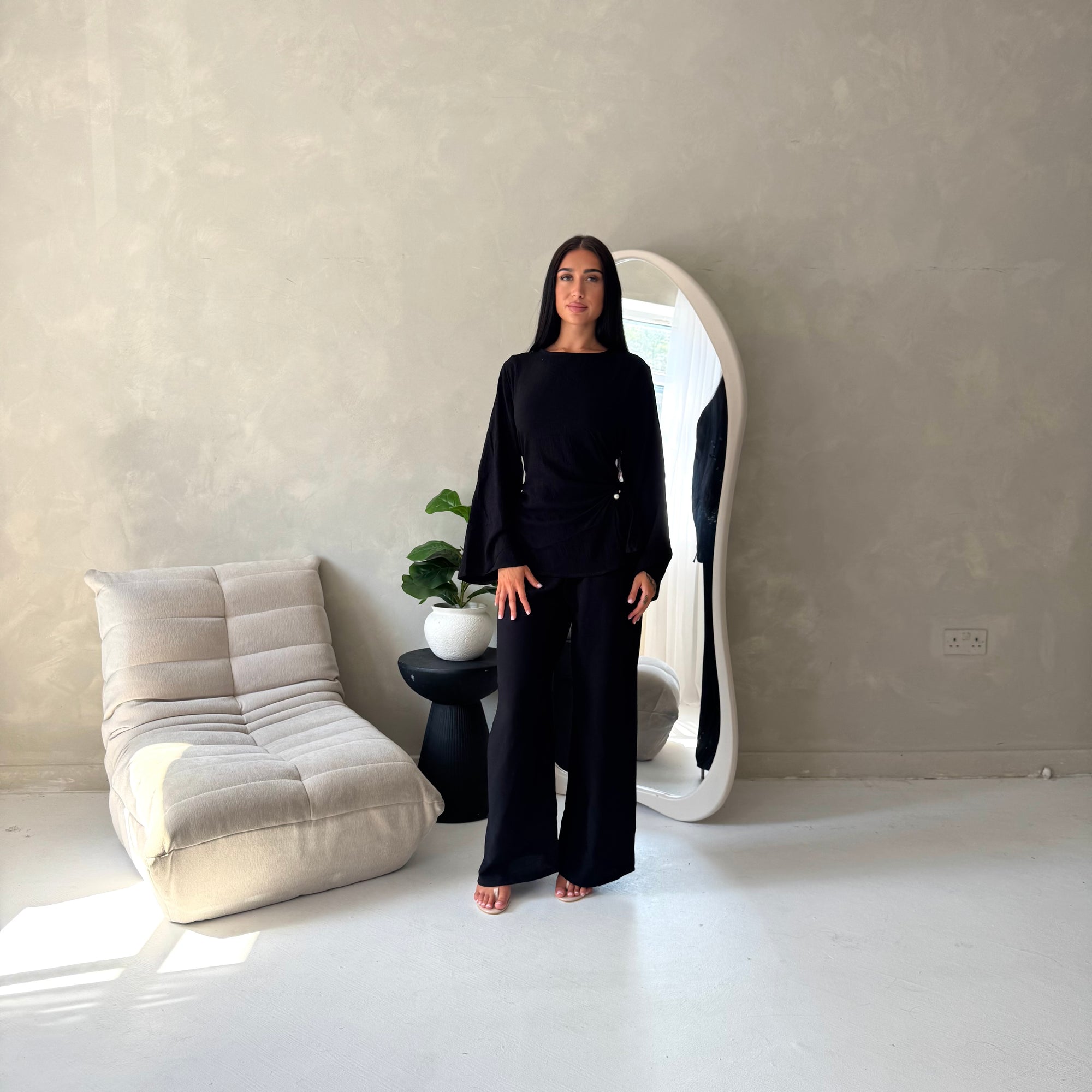 Miray Black Ring Buckle Linen Trouser Co Ord Set
